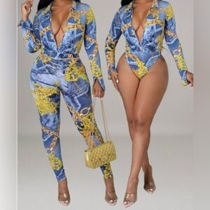 Stylish Denim Jacket and Pants Set with Gold Chain Print